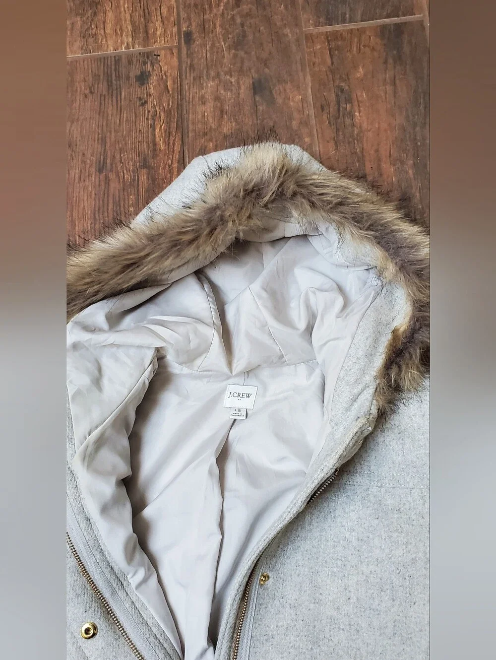 J. Crew Light Gray Wool-Blend Pea Coat with Faux Fur Trimcrew Size 12